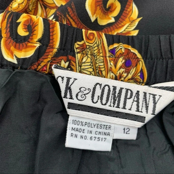 CK Midi Skirt 12 Faux Wrap Black Gold Floral Print Classic Whimsy Goth Office// - Picture 9 of 11